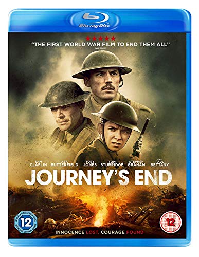 Blu-ray cover for "Journey's End" featuring three soldiers in a war setting.