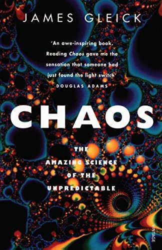 "Book cover with 'CHAOS' in large white letters on a vibrant, swirling background."