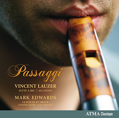 A man plays a recorder, with gold text on a muted background.