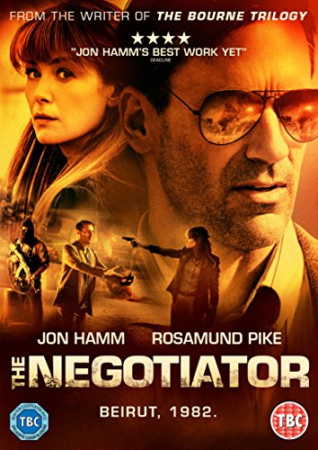 "The Negotiator DVD cover featuring Jon Hamm and Rosamund Pike in a dramatic scene."