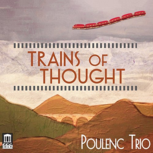 "Album cover with red train, landscape, and 'Trains of Thought' text."