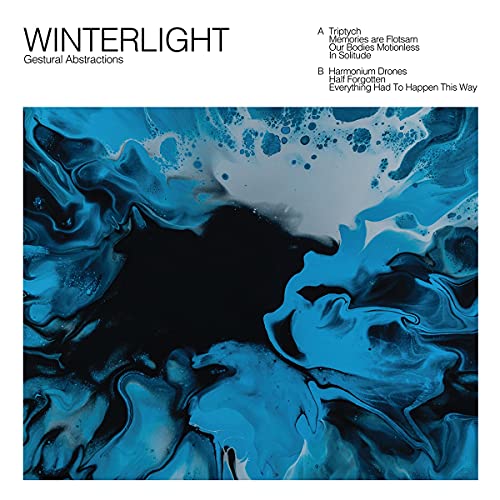 Vinyl album cover with swirling blue and black abstract paint design.