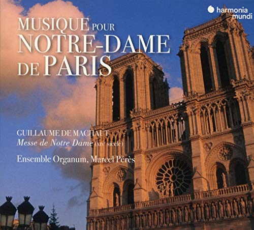 CD cover featuring Notre Dame Cathedral at sunset, text details Ensemble Organum.