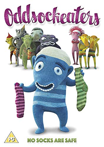 "Blue knitted character holding socks, surrounded by others, on DVD cover."