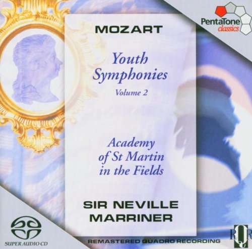 "CD cover with Mozart's silhouette and blue, cloudy background."