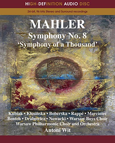 Blu-ray cover for Mahler’s Symphony No. 8, featuring abstract gold artwork.
