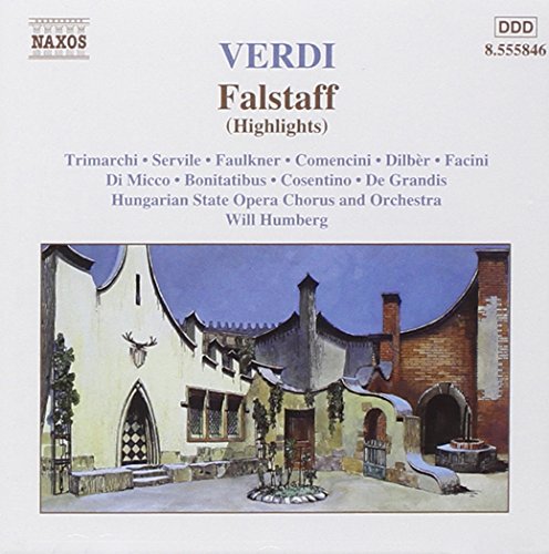 "Album cover with 'Verdi Falstaff' title and illustration of a medieval courtyard scene."