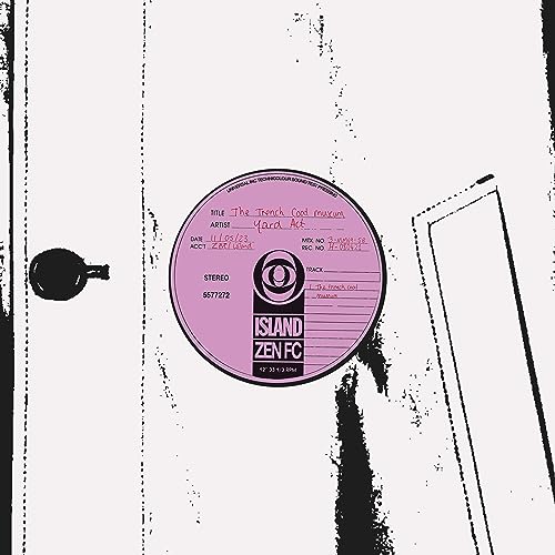 Pink vinyl record label on a textured, light purple background.