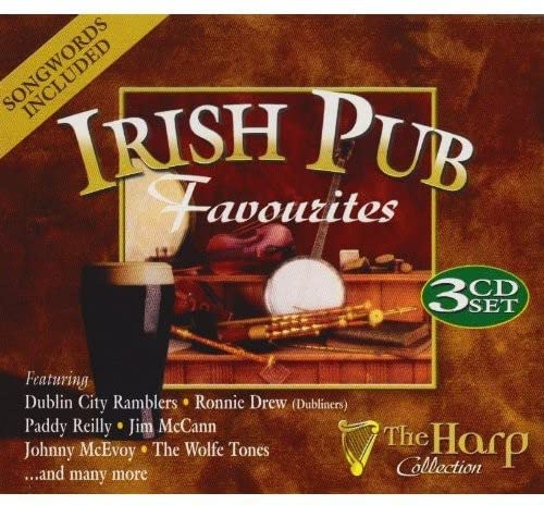 CD cover for “Irish Pub Favourites” featuring a pint, instruments, and artists’ names.