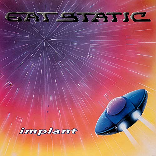 Eat Static Implant album cover featuring a blue UFO against a starburst background.
