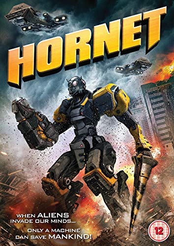 "Hornet DVD cover featuring a robot in a city with explosions and alien spacecraft."
