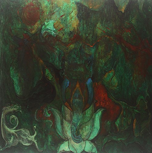Dark, textured painting of a floral shape, figure, and animal.