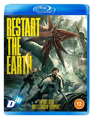 Restart The Earth" Blu-ray cover featuring soldiers and a large alien creature.