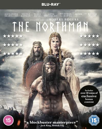 The Northman" Blu-ray cover featuring Viking warriors and stormy seas.