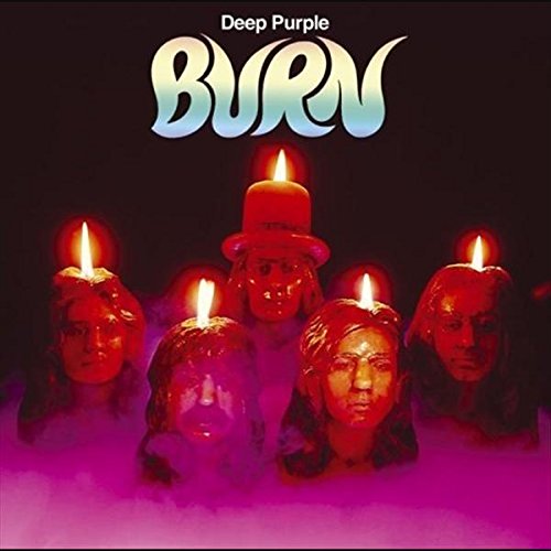 Deep Purple Burn album cover featuring five candle-shaped heads glowing in purple mist.