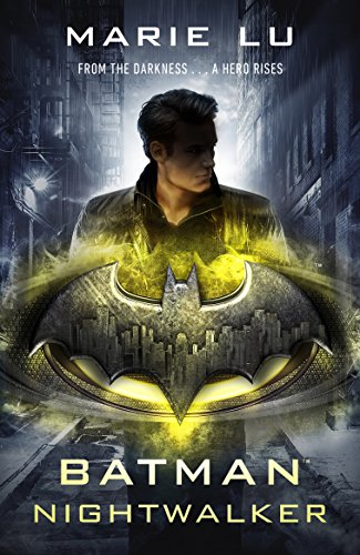 "Book cover featuring a man in a dark jacket with a glowing bat symbol."