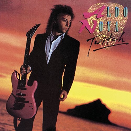 Album cover featuring a man in a suit holding a pink guitar at sunset.