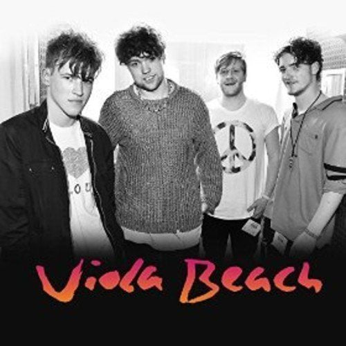 "Black and white image of four men, with 'Viola Beach' written in red and orange."