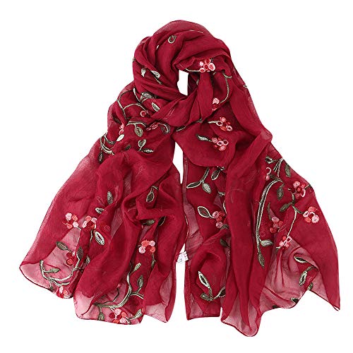 Red floral embroidered scarf, loosely arranged on a white background.