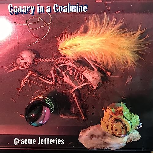 Album cover: bird skeleton, yellow feathers, and surreal objects on red.