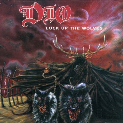 Dio album cover: two wolves, a dark figure with antlers, and a fence.