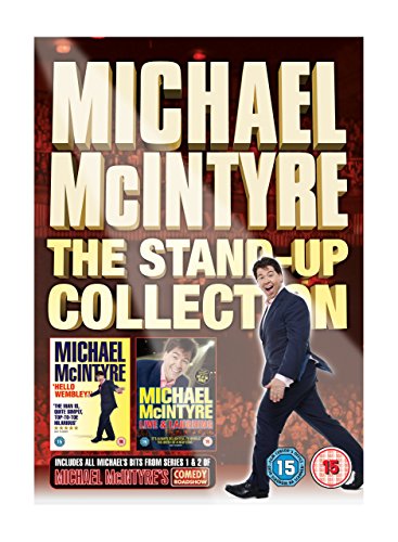 Michael McIntyre DVD cover with comedian in suit and three smaller DVD covers.