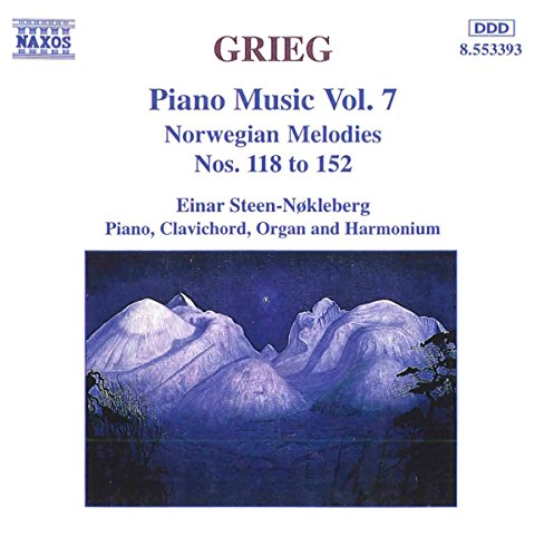 "CD cover with snowy mountain landscape and text describing Grieg's Piano Music Vol. 7."