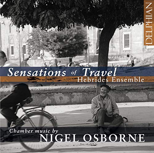 Album cover with black-and-white street scene, man sitting, and cyclist, with title and artist text.