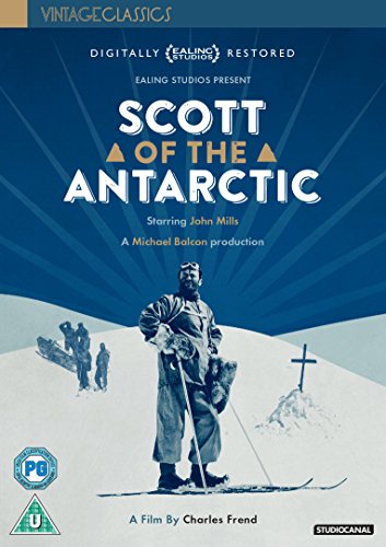 Scott of the Antarctic" DVD cover featuring a man in winter gear skiing.