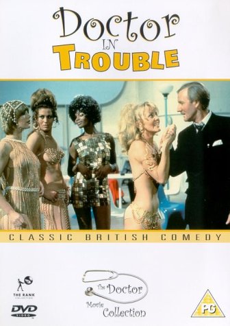 DVD cover for "Doctor In Trouble" featuring a man and four women.