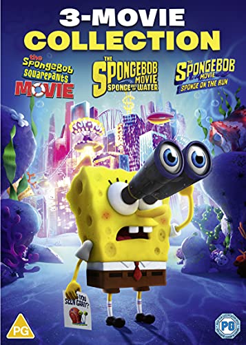 Spongebob Squarepants triple movie DVD cover with Spongebob holding binoculars.
