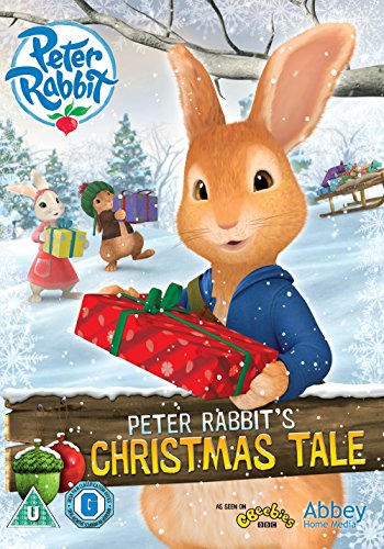 "Animated DVD cover featuring Peter Rabbit holding a wrapped gift in a snowy scene."