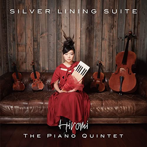Hiromi album cover featuring a pianist with violins on a couch.