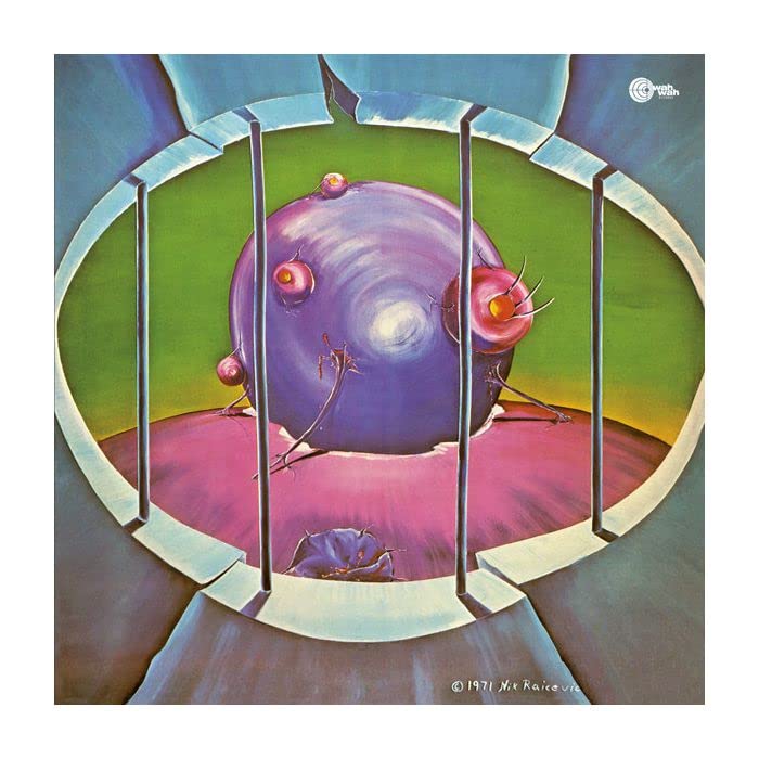 Surreal painting of a purple orb with eyes inside a broken frame.