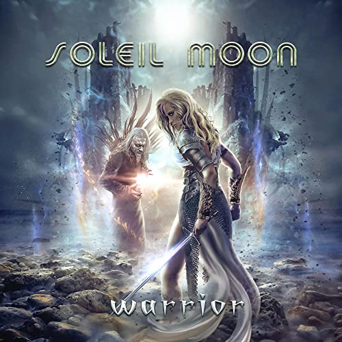 CD cover: blonde warrior woman with sword before a ruined city.