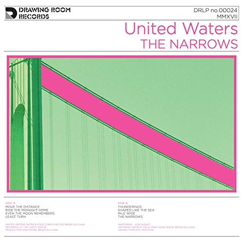 Vinyl record cover for United Waters’ “The Narrows” with green and pink design.