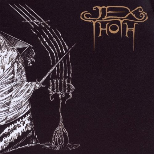 Black and white illustration of a figure with a sword, album cover.