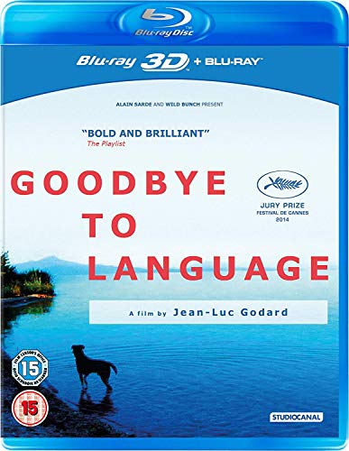 Blu-ray cover for Goodbye to Language featuring a dog standing in blue water.