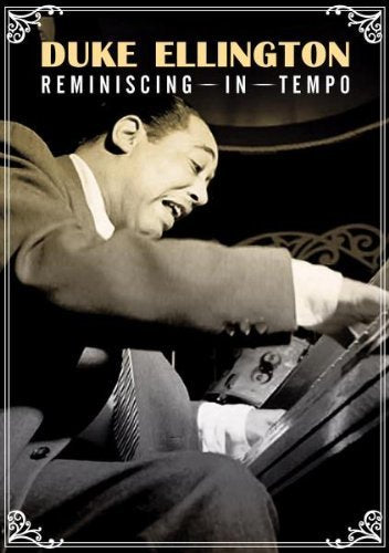 "Duke Ellington playing piano, sepia-toned image with decorative border and title text."