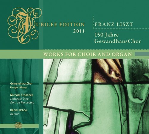 "CD cover with green background, ornate gold logo, and abstract organ pipes image."