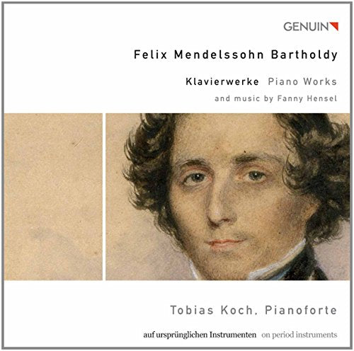 "CD cover featuring a sketch of Felix Mendelssohn Bartholdy with text describing the contents."