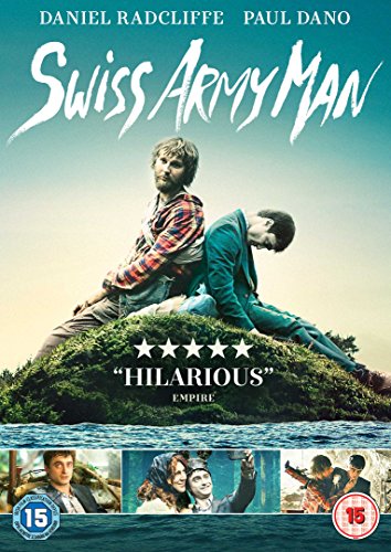 DVD cover for "Swiss Army Man" featuring two men on a small island.