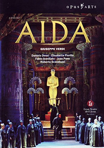 DVD cover for Verdi's "Aida" opera featuring a stage scene with a golden statue.