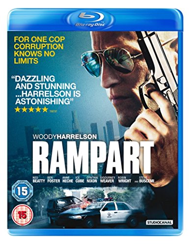 “Rampart” Blu-ray cover featuring Woody Harrelson in sunglasses holding a gun.