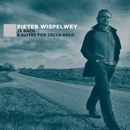 "CD cover with a man walking on a road, text 'Pieter Wispelwey JS Bach'."