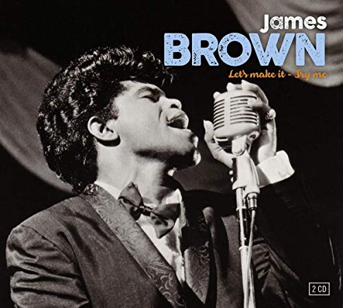 James Brown singing into a vintage microphone, CD cover art.
