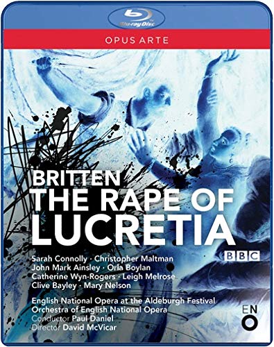 Blue-toned Blu-ray cover for "The Rape of Lucretia" with abstract figures and white text.
