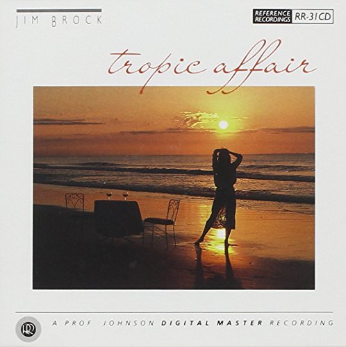 CD cover for Jim Brock’s “Tropic Affair” with a beach sunset scene.