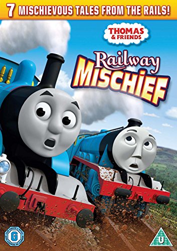 "Thomas the Tank Engine DVD cover featuring two cartoon trains on a dirt track."