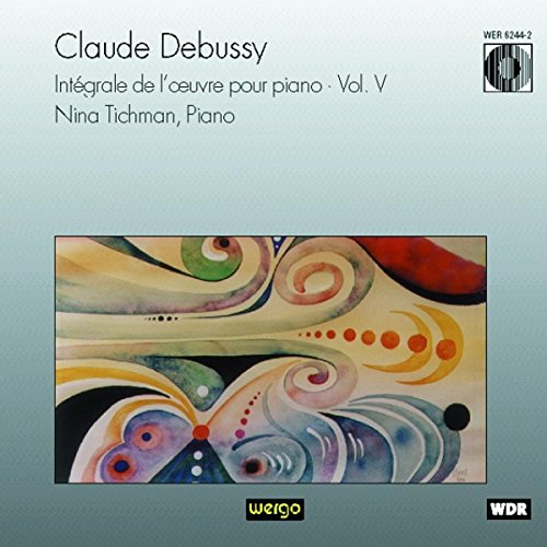 The image shows a CD cover for Claude Debussy's piano music. Alt text: "CD cover with abstract art and text, featuring Debussy's piano music."